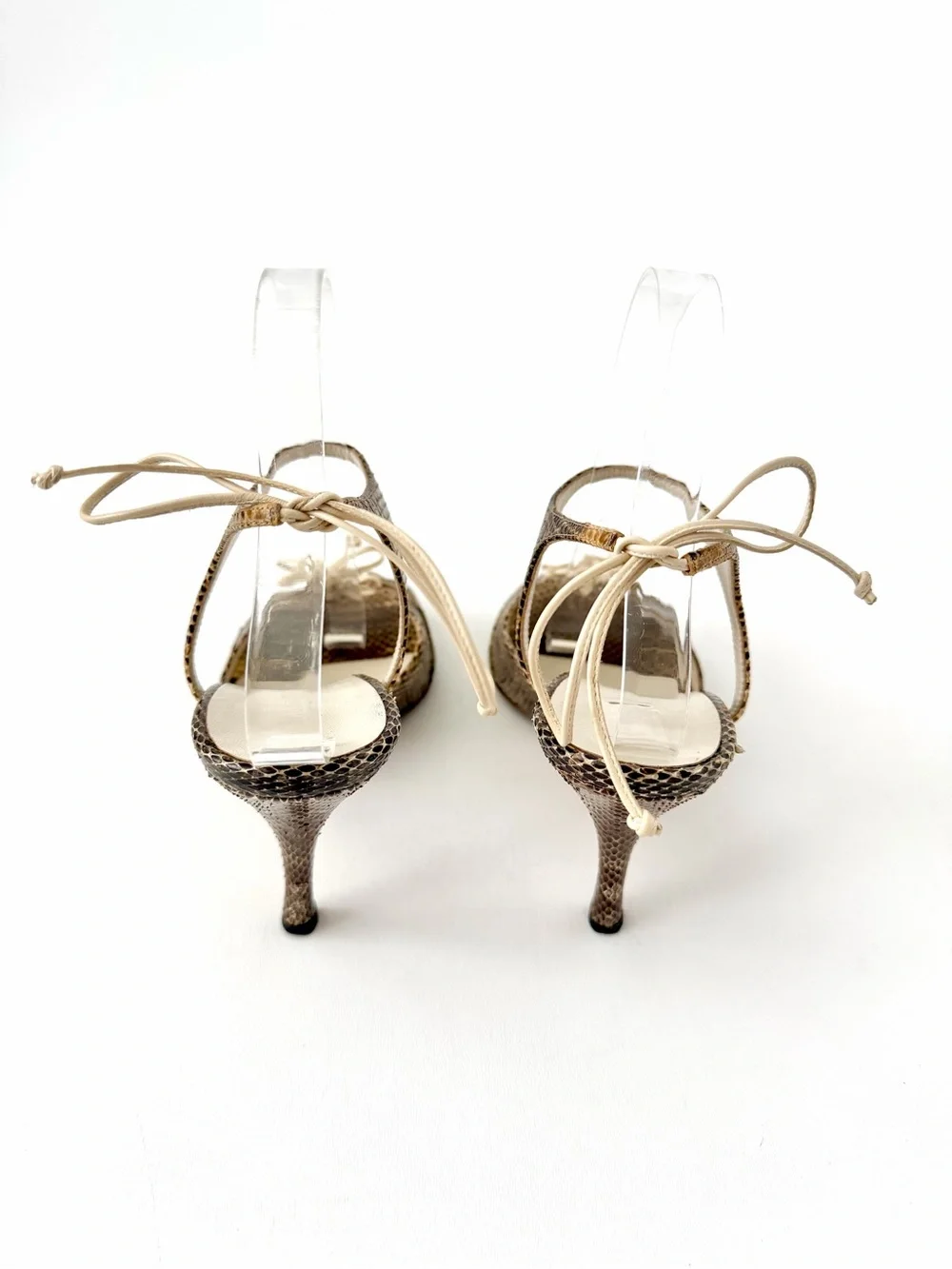 GUCCI | Vintage Snakeskin Bow Ankle Tie Stiletto Sandal Heels Brown Size 8.5B